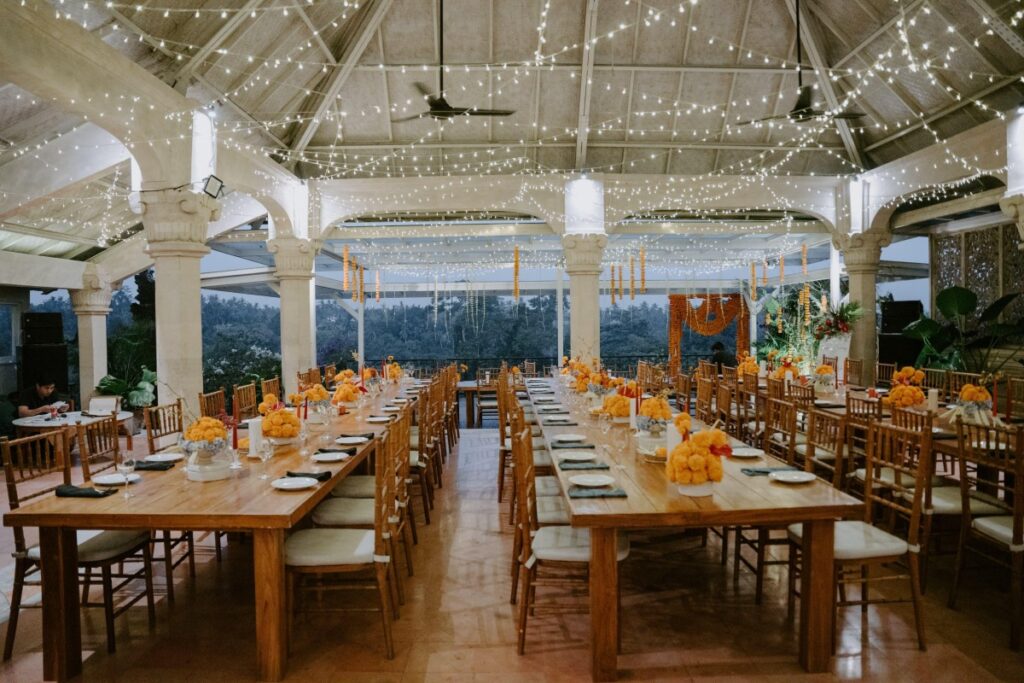 Wedding reception at Indus Restaurant Ubud Bali — open-air venue with valley views